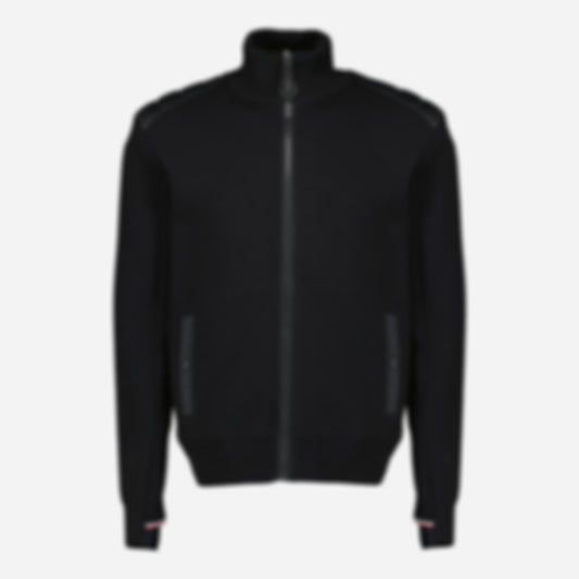 Black Quilted Zip-Up Cardigan in Wool