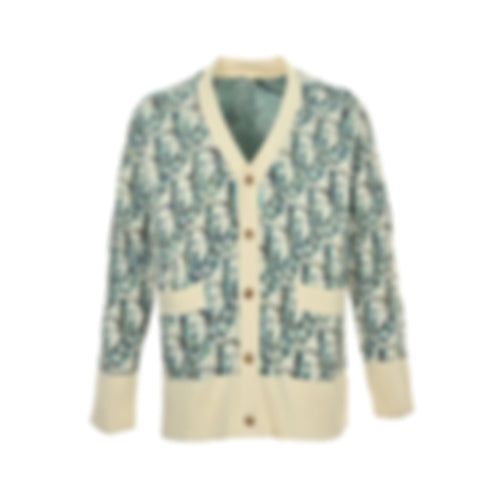 Oblique Cotton Jacquard Cardigan | White & Teal