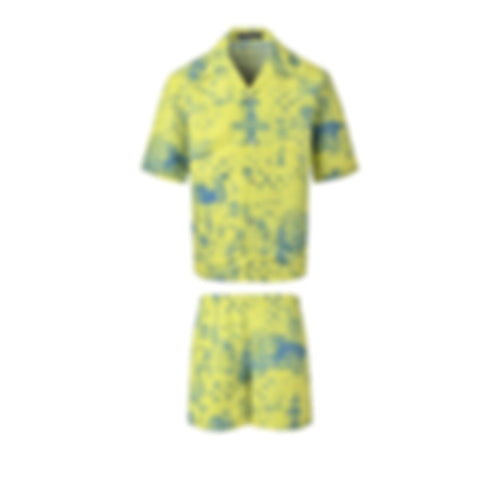 Monogram Cityscape Print Shirt & Shorts Set | Yellow & Blue