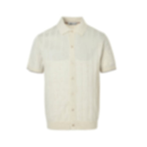 Ribbed Knit Button-Through Polo | Light Beige