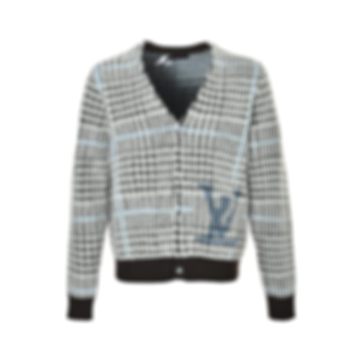 Brushed Houndstooth Intarsia Cardigan - Black/White/Light Blue