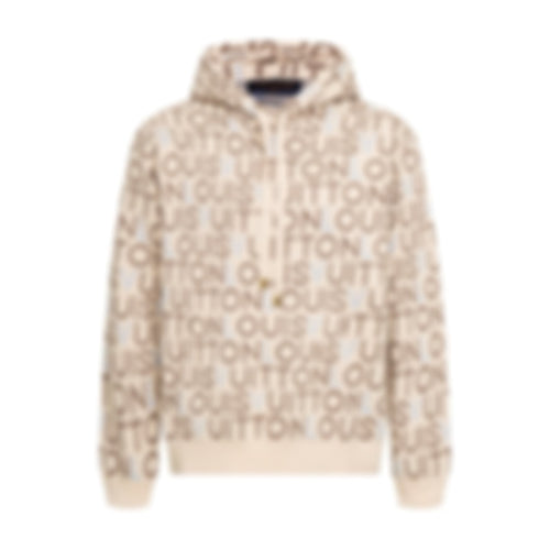 All-Over Logo Knit Hoodie | Cream & Brown